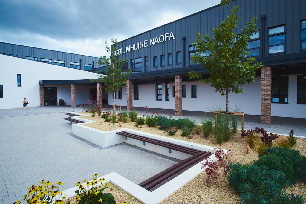 Main school entrance with landscaping details