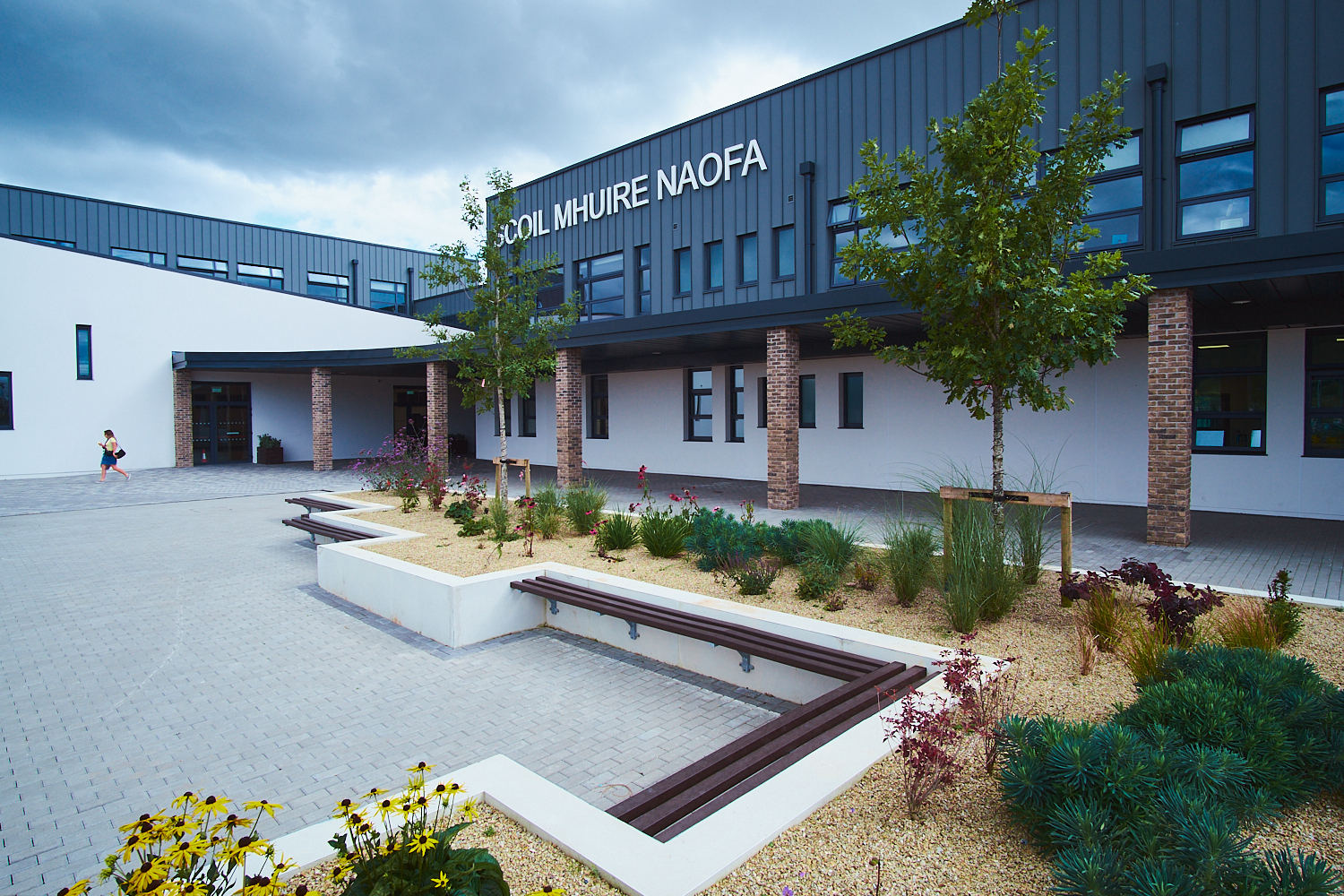 Main school entrance with landscaping details